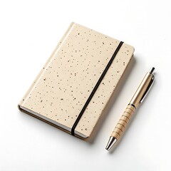 A beige speckled notebook with a black elastic band and a gold pen are isolated on white background, perfect for planning and organization