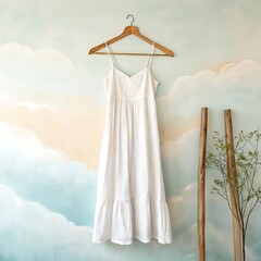 A white summer dress hangs against a cloudpainted wall, creating a dreamy and stylish presentation for fashion and interior design