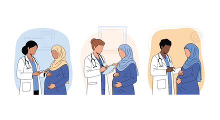 Diverse medical professionals providing care to pregnant women showing cultural inclusivity in healthcare settings