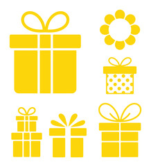 Yellow gift boxes and flower shapes present ribbon