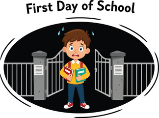 Anxious Student Featuring Gate and Books, Depicting First Day Jitters and Back-to-School Worries, Perfect for Educational Materials and Childhood Development Resources