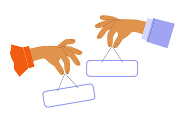 Male and female hand with shirt cuffs holding clean empty sign hanging on strings. Vector illustration of template for online store text, schedule, announcement, opening, closing of courses.