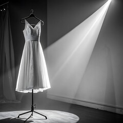 A vintage white dress is illuminated by a spotlight on a stage, evoking a sense of timeless elegance and theatrical presentation