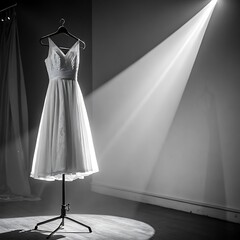 A vintage dress is illuminated by a spotlight, creating a dramatic and stylish presentation