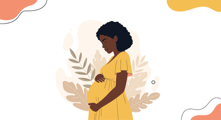 A beautiful pregnant woman of african descent cradles her baby bump with a serene expression surrounded by natural elements