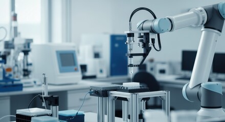 Laboratory robot performing repetitive dosing task for vaccine or medicine preparation.