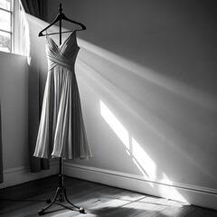 A beautiful dress hangs gracefully in a sunlit room, showcasing its elegant design and timeless style