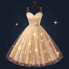 A radiant golden dress adorned with sparkling lights hangs gracefully, exuding elegance and charm for a special occasion