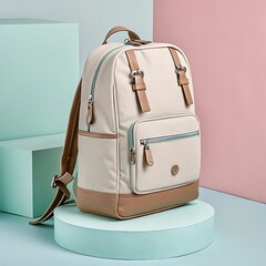 A stylish beige backpack with brown leather accents sits on a pastel blue surface, perfect for everyday adventures