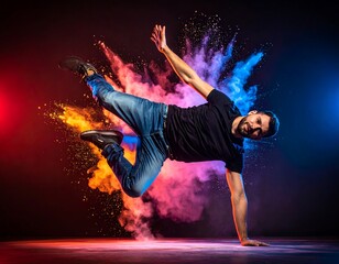 Hip-hop dancer mid-air, vibrant colors