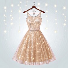 A shimmering golden dress with twinkling lights hangs against a soft backdrop, radiating elegance and festive charm