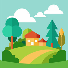 Obraz premium Lovely green nature village tree sky vector landscape background.