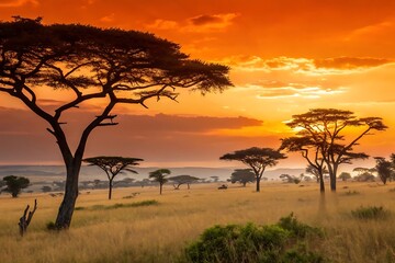 A breathtaking african savanna landscape at sunset features silhouetted trees against a vibrant orange sky, evoking a sense of tranquility