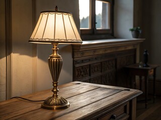 A vintage table lamp illuminates a wooden dresser, casting a warm and inviting glow in a classic and elegant interior
