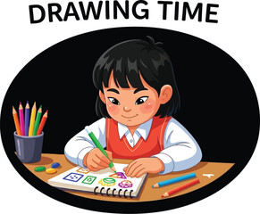 Cheerful Young Girl Enjoying Drawing with Colorful Pencils, Expressing Creativity and Imagination in a Fun and Educational Activity