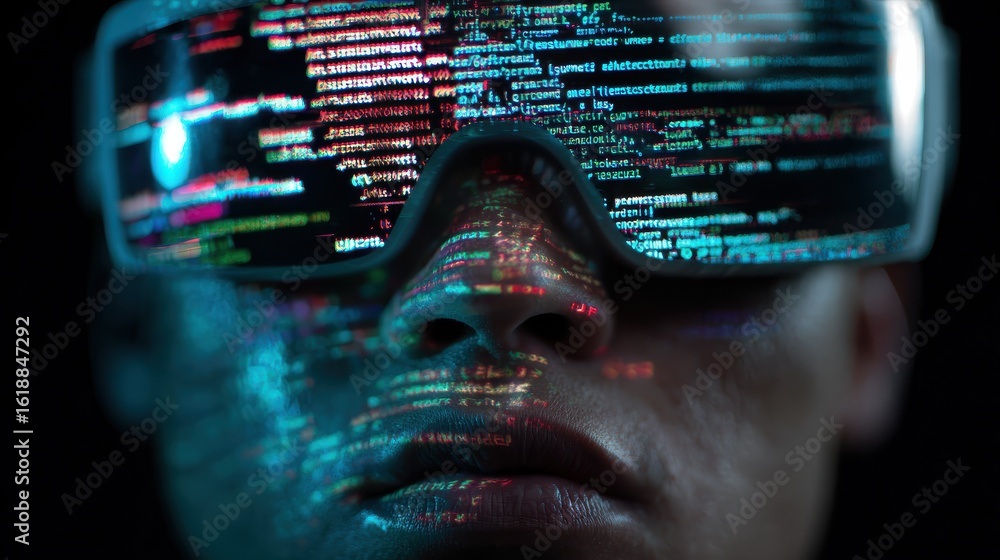 Poster virtual reality, hacking and programming concept - close up of asian male hacker's face in vr glasse