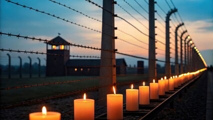 Fototapeta premium Candles lined up along barbed wire at sunset in memorial