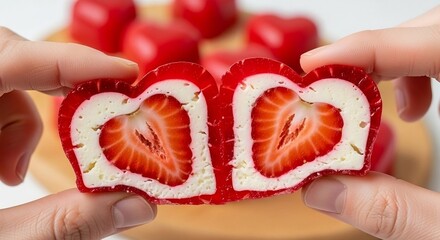 hand holding two pieces of strawberry candy