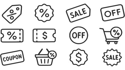 Black icon pack of discount, e-commerce, cart, money, percent, shopping, badge, sale, price, tag, offer, coupon, discount, promotion, business, finance, retail, commerce, marketing, special offer