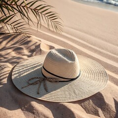 A stylish straw hat rests on the sandy beach under the shade of palm leaves, inviting relaxation and a tropical vacation escape