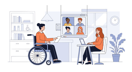 Inclusive remote team collaboration and virtual meeting with people with disabilities in modern office space