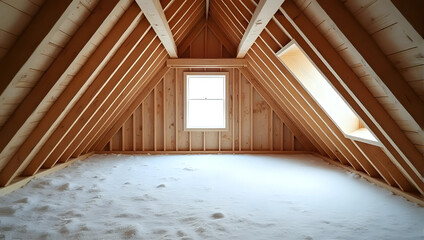 Unfinished attic with wooden beams, skylights, and floor insulation - home renovation, building, and insulation concept 