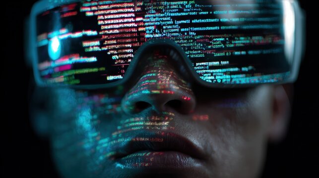 virtual reality, hacking and programming concept - close up of asian male hacker's face in vr glasses with computer program projection, no logos, no brands - Powered by Adobe