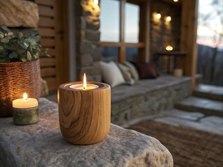 A wooden candle holder with a flickering flame sits on a stone surface, creating a warm and inviting ambiance on an outdoor patio