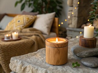 A wooden candle emits a warm glow, creating a cozy and relaxing atmosphere in a rustic home interior with natural stone and soft textures
