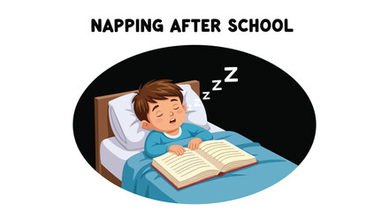 Peaceful Boy Sleeping with a Book in Bed, Representing Childhood Rest and Learning, Ideal for Educational and Relaxation Themes