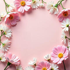 Pink and white flowers arranged in a circular frame on pink background  