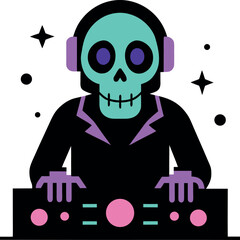 Skeleton DJ At A Halloween Party With Neon Lights