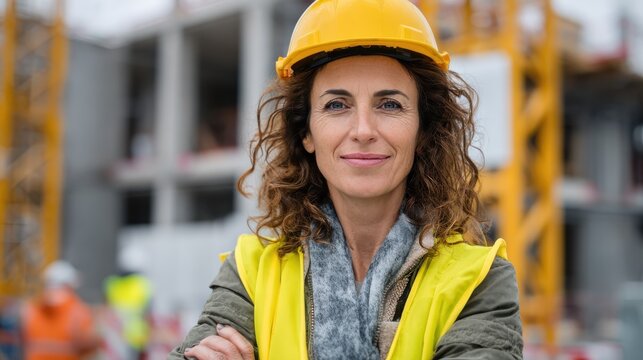 Portrait of successful woman constructor wearing helmet and safety yellow vest. Portrait of architect standing at building site and looking at camera with copy space. Mature successful woman engineer - Powered by Adobe