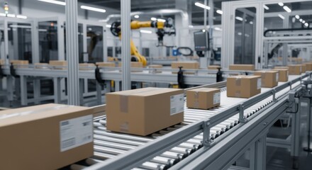 Naklejka premium Industrial automation with packages sliding along conveyor belt for shipment