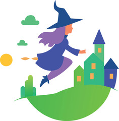 Witch Girl Flying On A Broomstick Over A Haunted