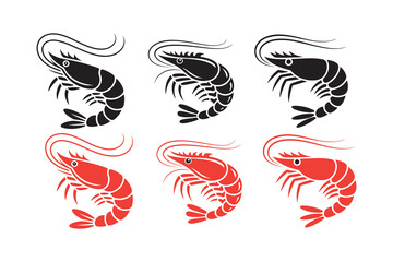 Shrimp and Prawn Vector Icons Set. Black and Red Stylized Seafood Silhouettes. Victor illustration eps10