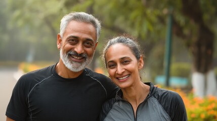 Fototapeta premium Happy mature fitness couple resting after a run in park. Smiling middle eastern man taking a break while looking at woman outdoor. Portrait of happy indian sportsman resting after jogging at park., n