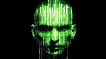 Male man facing camera formed with binary code.