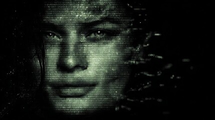 computer generated female face formed with binary code.