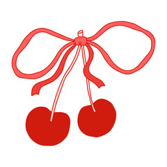 Whimsical red cherry with a cute ribbon bow in coquette style. Hand-drawn romantic fruit illustration. Perfect for girly prints, Valentines Day cards, Christmas packaging, stickers, and digital design