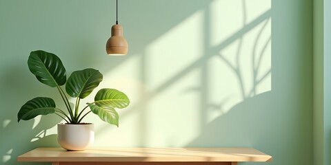 Morning sunlight casting leaf shadows on green wall