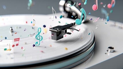 Spinning vinyl record player, music notes