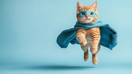 Playful orange cat wearing a blue superhero mask and cape is leaping joyfully against a soft light blue background, capturing a whimsical and adventurous spirit in this fun scene