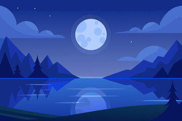 Obraz premium Tranquil Night Landscape Illustration with a Blue Moon and Starry Sky