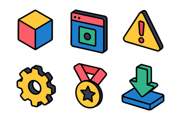Set of isometric icons with bold colors and simple designs