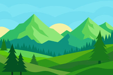 Vibrant and Serene Mountain Landscape Rendered Digital Art Illustration