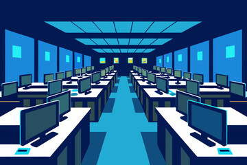 View of an Empty Trading Floor with Rows of Desks Modern Office