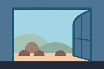 View Through a Large Window of a Simple Minimalist Garden Design