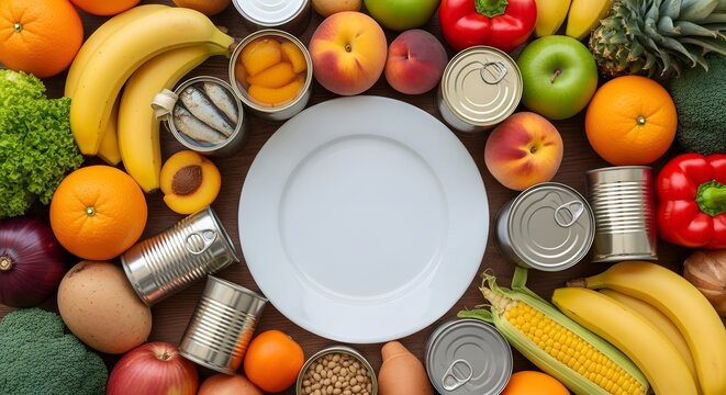 Circular Arrangement of Fresh Produce and Canned Goods Around Empty Plate for Hunger Awareness