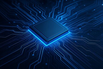 Blue C P U chip on circuit board with glowing blue lines